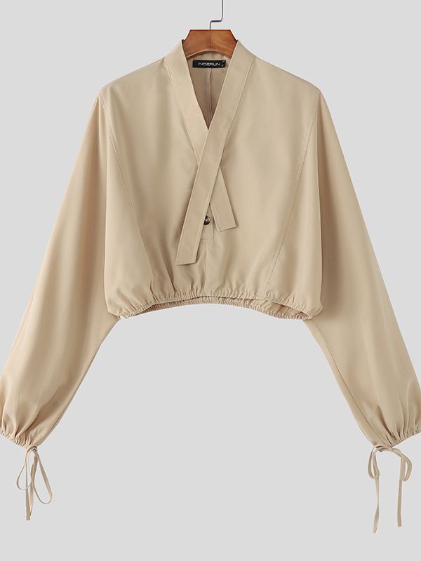 Men's Solid Color Cropped Long Sleeve Shirt SKUL45003