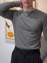 Men's Korean Minimalist City Date Asymmetric Fold-Over Collar Slim-Fit T-shirt SKUL84569