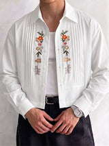 Men's Early Autumn Urban Casual Embroidered Pleated Cropped Long Sleeve Turn-Down Collar Shirt SKUL78974