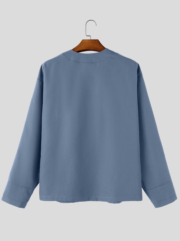 Men's Urban Casual Collarless Deep-V Snap Button Long Sleeve Shirt SKUL79088