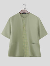 Men's Plaid Detail Collarless Short Sleeve Shirt SKUL54067