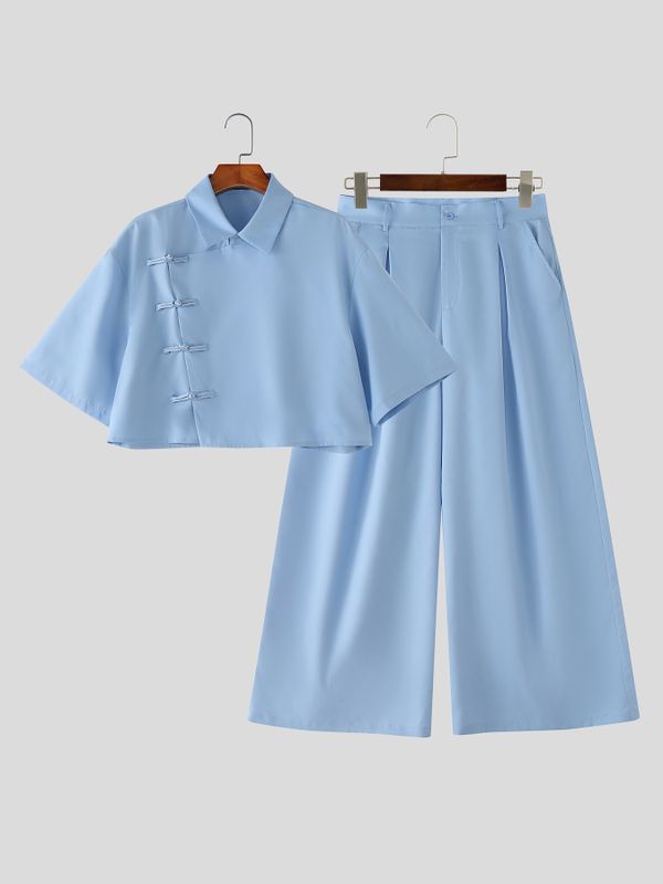 Men's Solid Color Asymmetric Frog Button Two Pieces Outfit SKUL57171