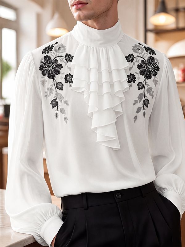 Men's Retro Party Cascading Ruffle Jabot Floral Embroidery Long Sleeve High Neck Shirt SKUL81113