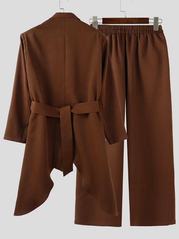 Men's Solid Color Long Hem Tie Two Pieces Outfit SKUL32861