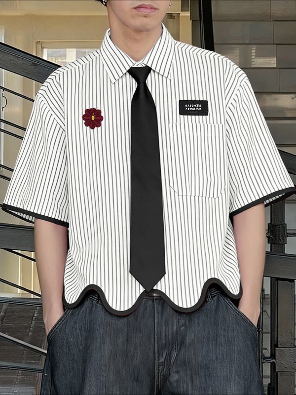 Men's Contrast Color Wave Hem Short Sleeve Shirt SKUL45335