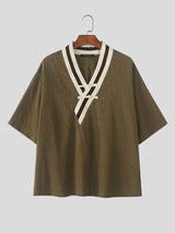Men's Modern Neo-Chinese Cross V-Neck Frog Button Relaxed Short Sleeve Shirt SKUL60046