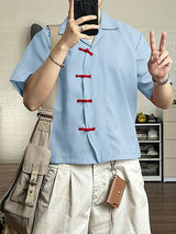 Men's Asymmetric Frog Button Short Sleeve Shirt SKUL57087
