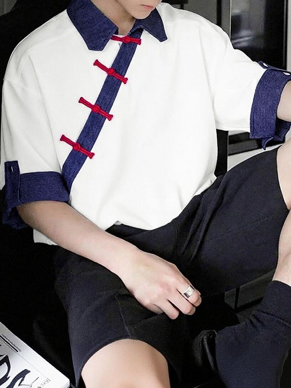 Men's Vintage Preppy Asymmetric Frog Button Lapel Short Sleeve Shirt SKUL61899