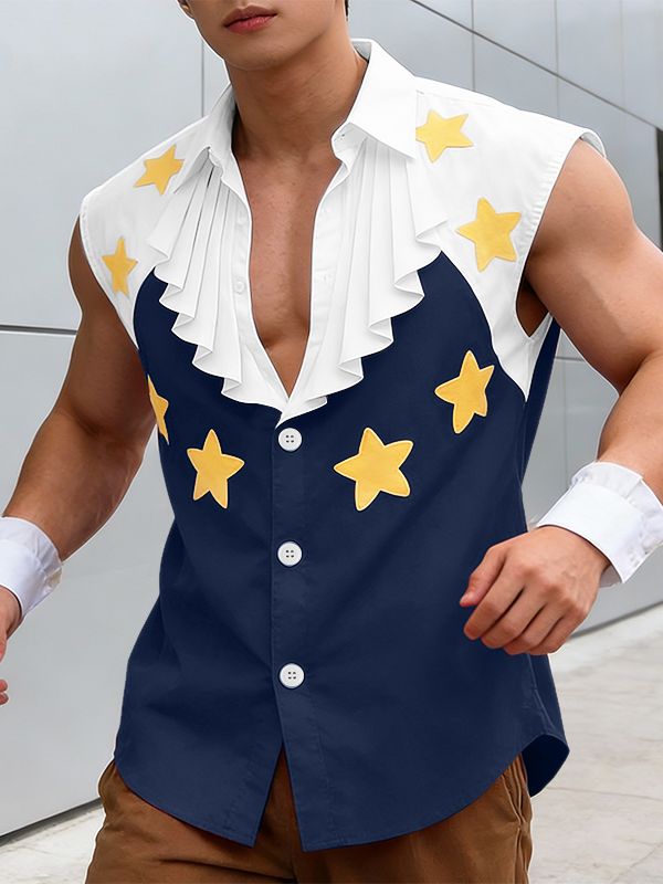 Men's Star Print Ruffled Jabot Sleeveless Shirt SKUL55309