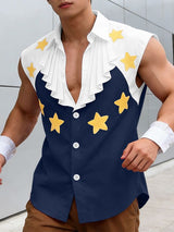 Men's Star Print Ruffled Jabot Sleeveless Shirt SKUL55309