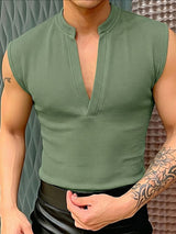 Men's Avant-Garde Deconstructed Mock Neck Waffle Texture Fitted Tank SKUL72766