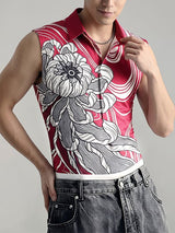 Men's Neo-Chinese Streetwear Ukiyo-e Wave Chrysanthemum Print Fitted Tank SKUL66062