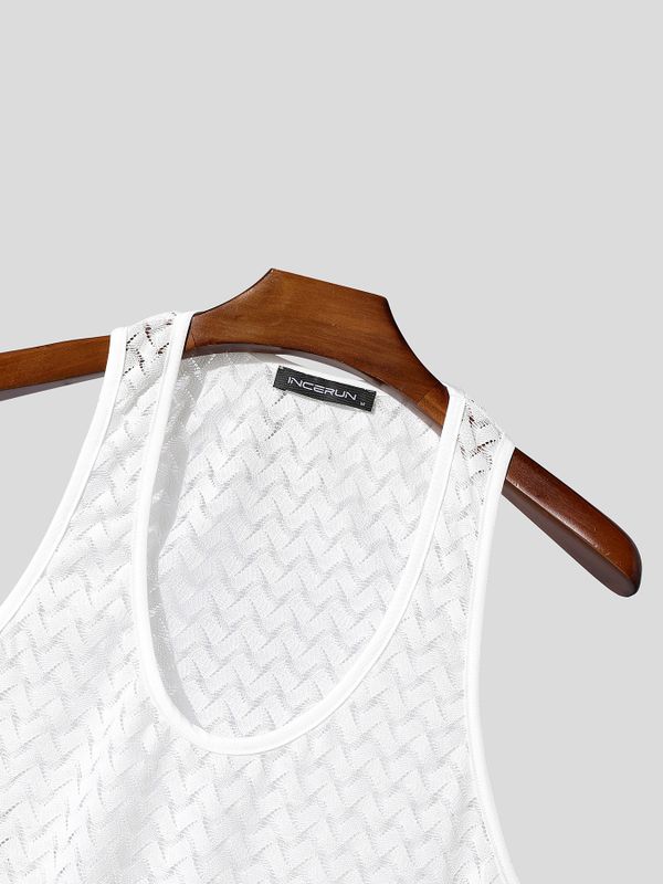 Men's Avant-Garde Retro Geometric Open-Knit Pointelle Fitted Muscle Tank SKUL72721