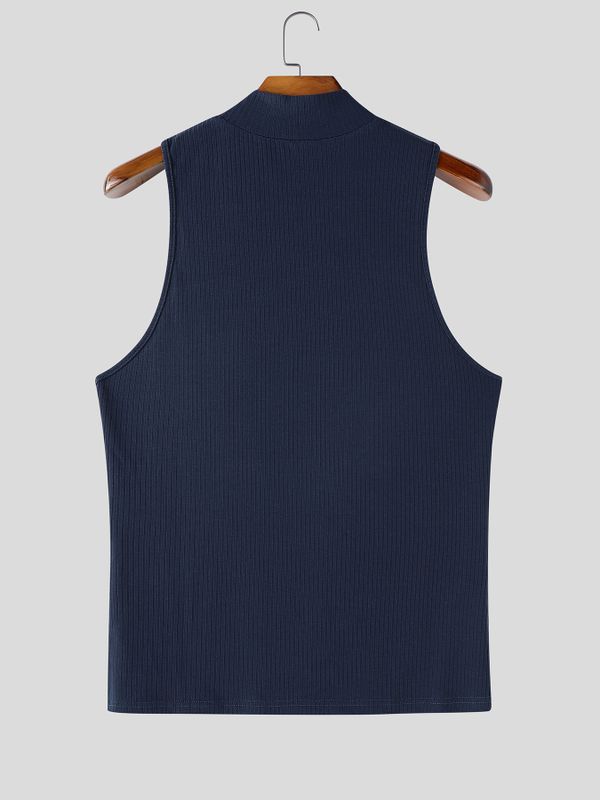 Men's Avant-Garde Mock Neck Mesh Patchwork Deconstructed Fitted Tank SKUL73728
