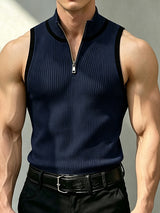 Men's Clean Fit Urban Casual Quarter Zip Vertical Rib Texture Sleeveless Mock Neck Tank SKUL81842