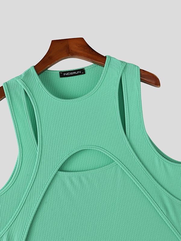 Men's Avant-Garde High-Street Aesthetic Deconstructed Multi-Cutout Ribbed Fitted Muscle Tank SKUL69231