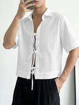 Men's Avant-Garde Lace-Up Front Cropped Windowpane Grid Short Sleeve Shirt SKUL63062