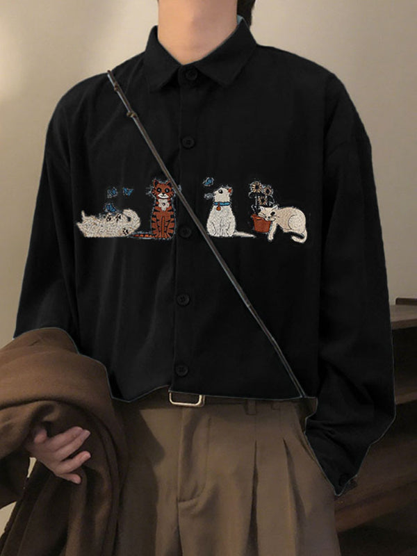 Men's Animal Embroidered Textured Long Sleeve Shirt SKUL28169