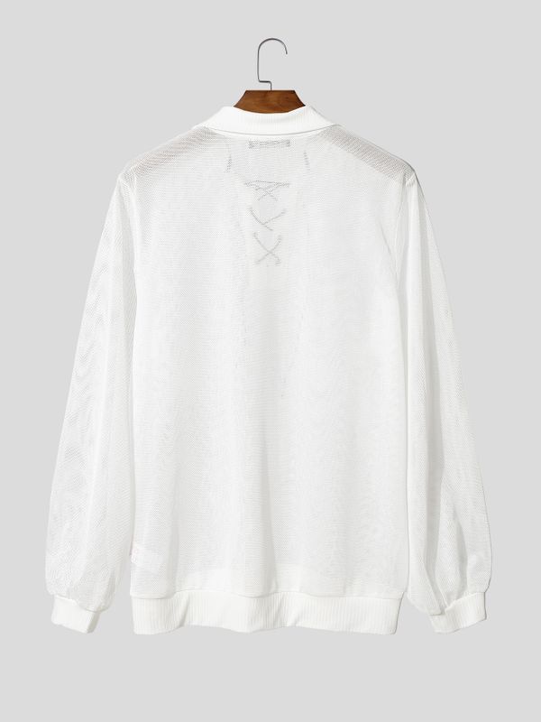 Men's Sheer Hollow Drawstring Long Sleeve Shirt SKUL47629
