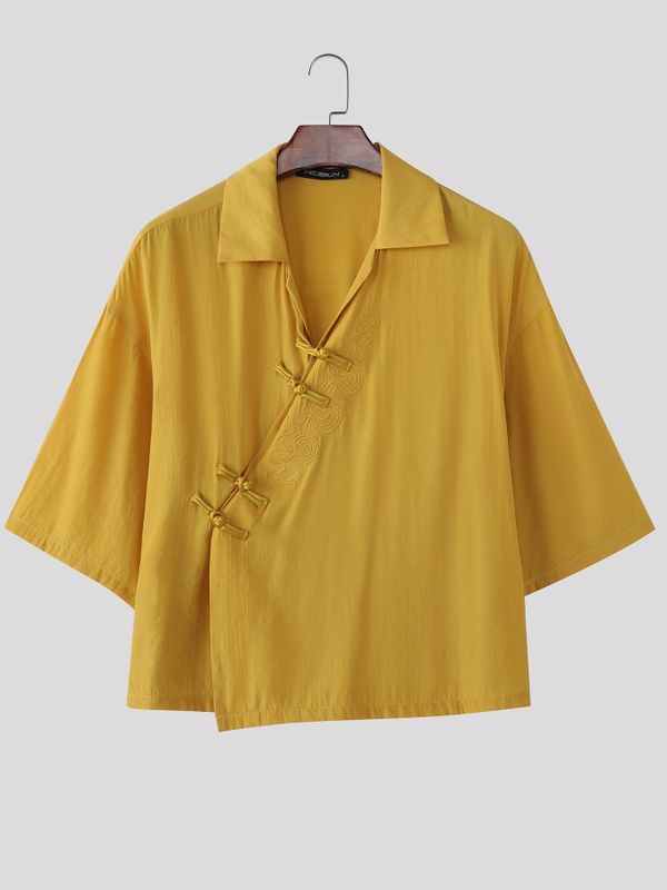 Men's Modern Chinese Kung Fu Aesthetic Frog Button Wide Half Sleeve Shirt SKUL57690