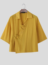 Men's Modern Chinese Kung Fu Aesthetic Frog Button Wide Half Sleeve Shirt SKUL57690