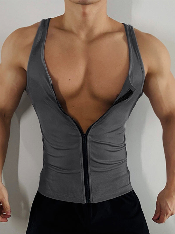 Mens Solid Color Textured Zipper Casual Tank SKUL18002