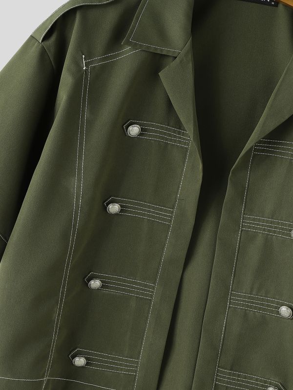 Men's Vintage Military Style Contrast Stitching Frogged Button Cropped Short Sleeve Shirt SKUL77316