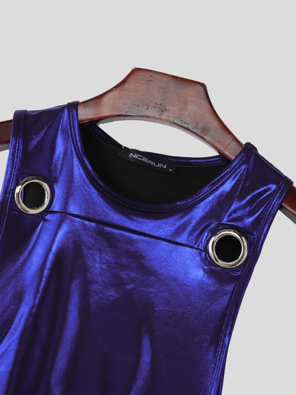 Men's Avant-Garde Metallic Wet-Look Eyelet Detail Open Side Bib Tank SKUL63039