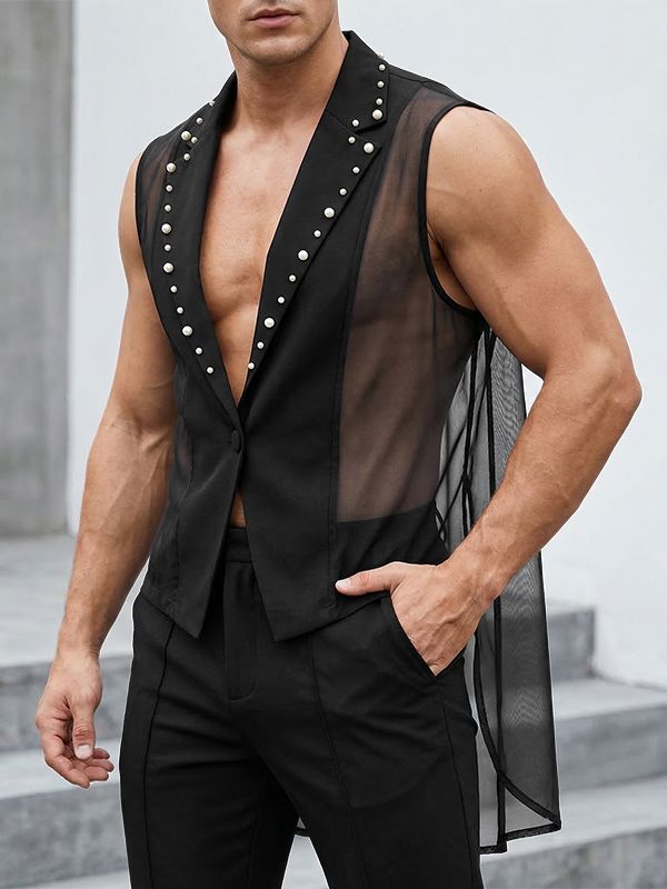 Men's Avant-Garde Studded Lapel Sheer Mesh High-Low Tuxedo Blazer SKUL63810