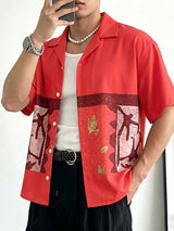 Men's Vintage Ethnic Block Printed Cuban Camp Collar Relaxed Fit Short Sleeve Shirt SKUL63056