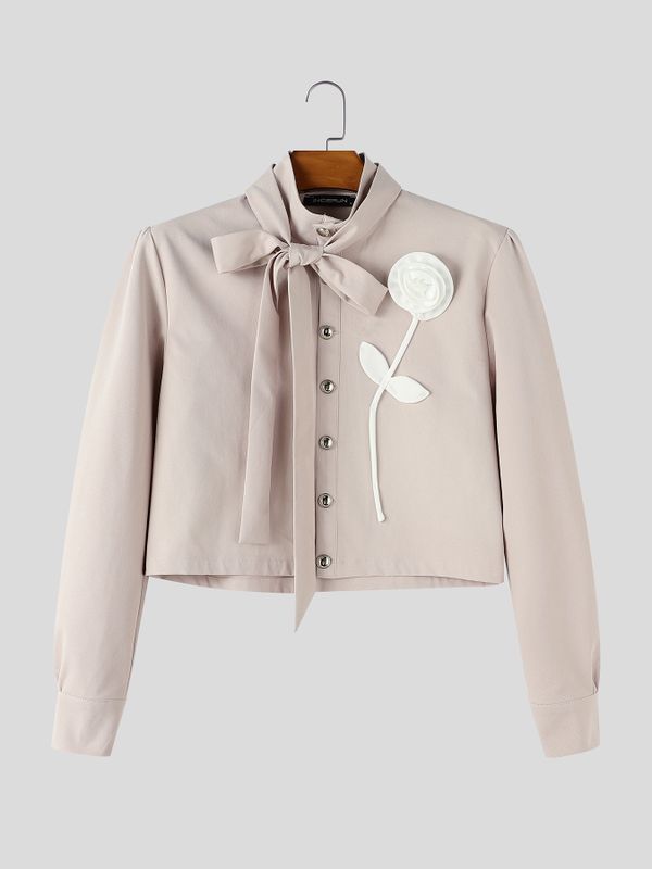 Men's Avant-Garde Runway 3D Rose Flower Applique Cascading Bow Tie Long Sleeve Waist Length Cropped Jacket SKUL81826