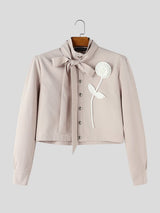Men's Avant-Garde Runway 3D Rose Flower Applique Cascading Bow Tie Long Sleeve Waist Length Cropped Jacket SKUL81826