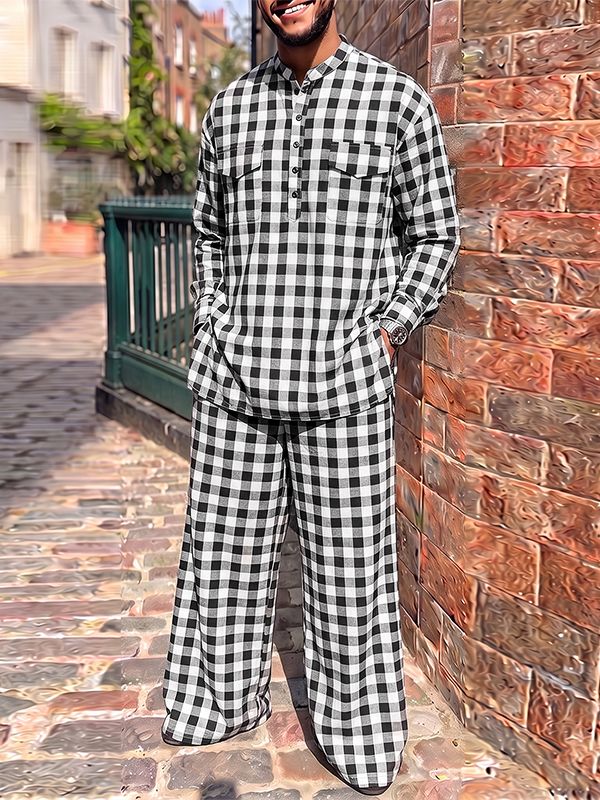 Men's Vintage Casual Gingham Plaid Two Pieces Outfit SKUL79539