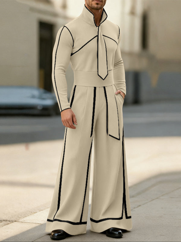 Men's Color Block Outlined Line Two Pieces Outfit SKUL43646