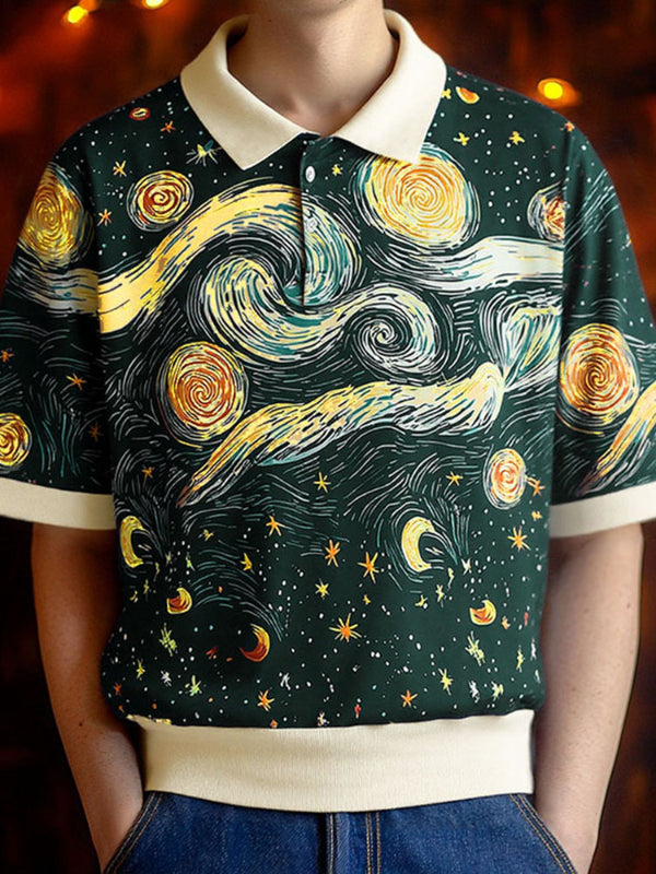 Mens Starry Oil Painting Print Short Sleeve Shirt SKUL16597