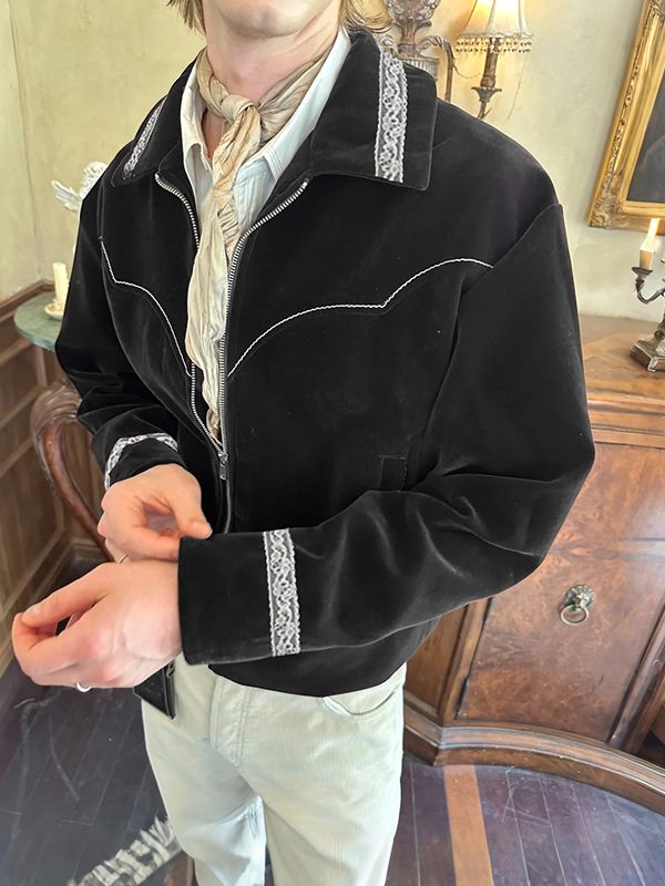 Men's Lace Patchwork Velvet Long Sleeve Jacket SKUL35230