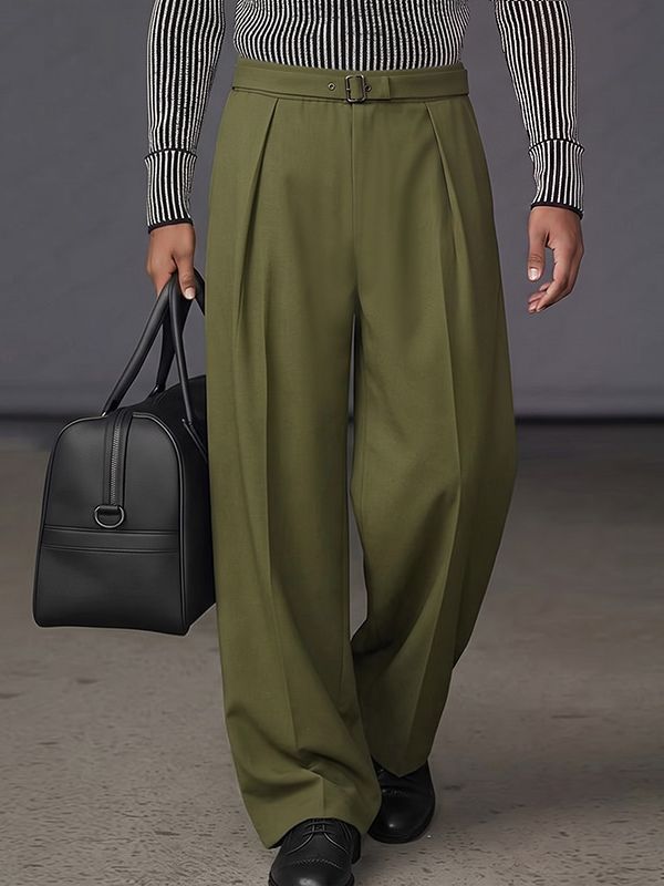 Men's High-End Urban Casual Deep Front Pleat Built-in Belt Wide Leg Pant SKUL78963