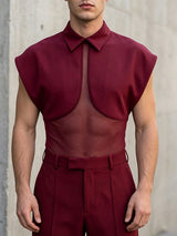 Men's Avant-Garde Sheer Mesh Splicing Cropped Bolero Overlay Lapel Sleeveless Shirt SKUL62963