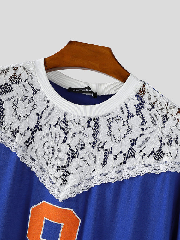 Men's Digital Print Lace Patchwork Short Sleeve T-Shirt SKUL20203