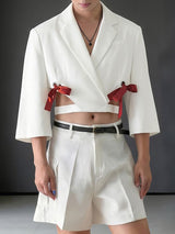 Men's Contrast Red Ribbon Bow Details Cropped Cutout Blazer SKUL58769