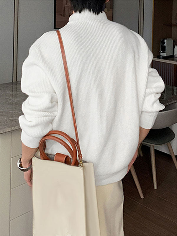 Men's Metal Buckle Patchwork Textured Long Sleeve Sweater SKUL29608