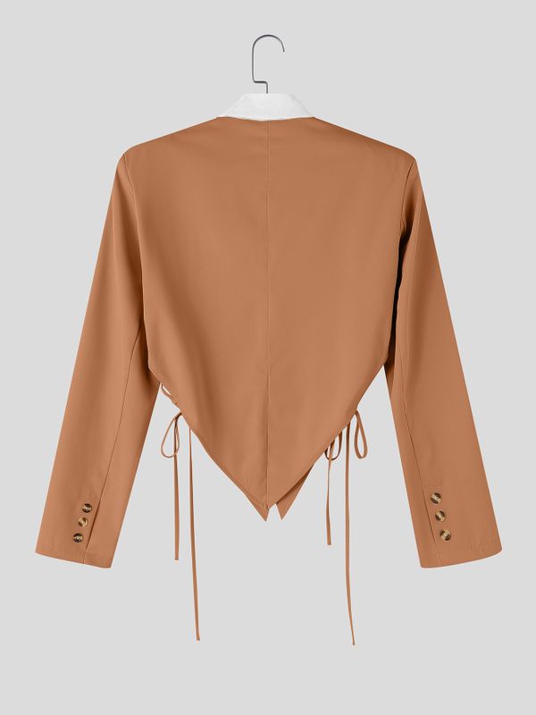 Men's Avant-Garde Deconstructed Stage Runway Side Cutout Strappy Tie Pointed Hem Blazer SKUL85227