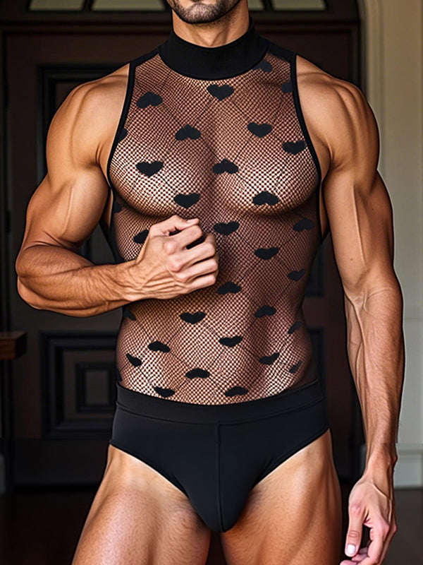 Mens Heart Print Sheer Mesh Sleeveless Bodysuit SKUL14187