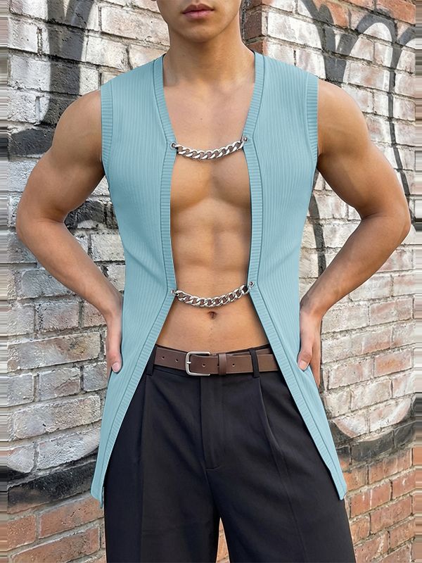 Men's Metal Chain Closure Sleeveless Longline Cardigan SKUL56550