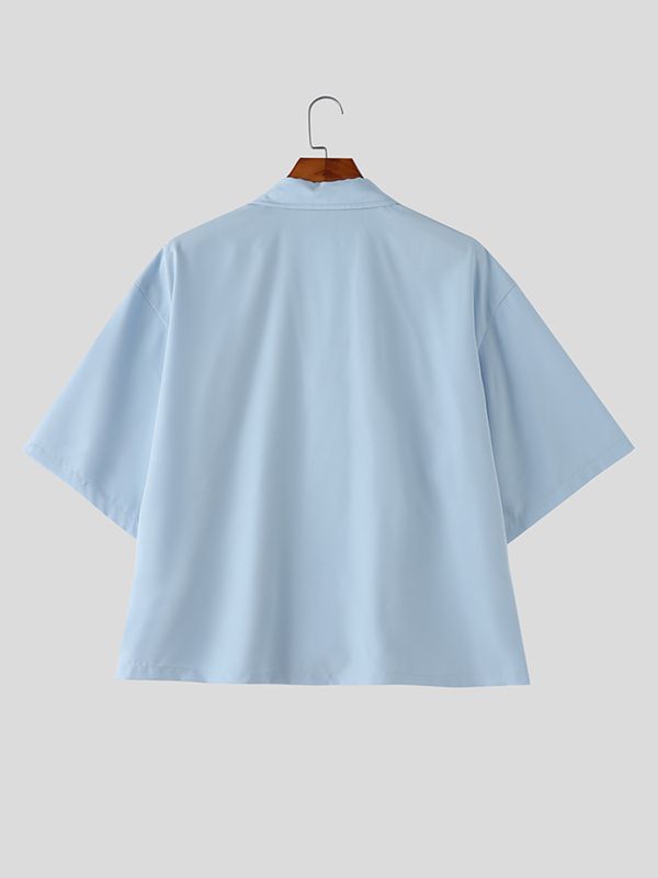 Men's Asymmetric Frog Button Short Sleeve Shirt SKUL57087