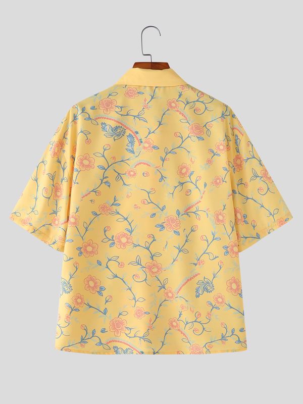 Men's Asymmetrical Vintage Floral Print Frog Button Boxy Shirt SKUL60912