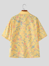 Men's Asymmetrical Vintage Floral Print Frog Button Boxy Shirt SKUL60912