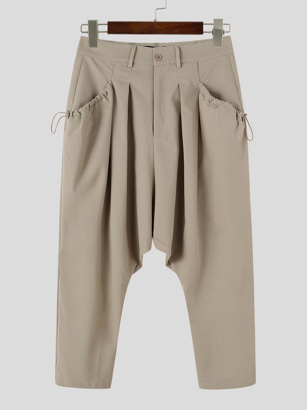 Men's Avant-Garde Techwear Side Drawstring Ruched Low Drop Crotch Tapered Cuff Ankle Length Harem Pant SKUL84024