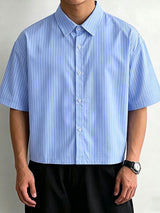 Men's Trendy Casual Lightweight Vertical Striped Boxy Cropped Short Sleeve Shirt SKUL68346