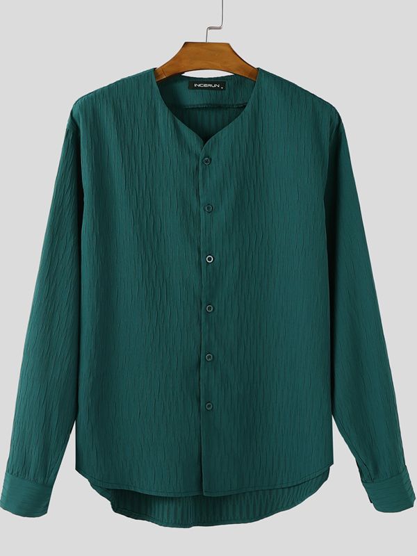 Men's Solid Color Textured Long Sleeve Shirt SKUL41190
